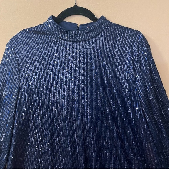 Chi Chi London Navy Blue Sequin Shift Dress Mock Neck Special Occasion Size 10 - Picture 8 of 16